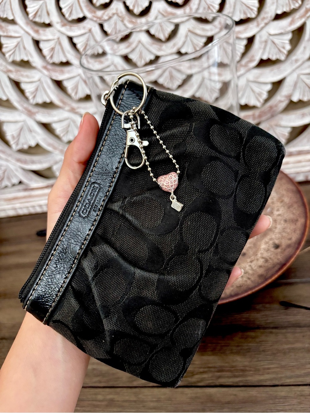 Coach Black Signature Wristlet Key & Card Holder with Pink Charm